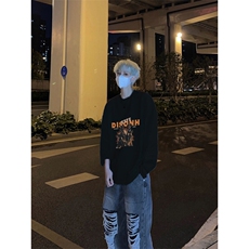美式复古垂耳杜宾犬印花长袖T恤小领口打底衫，男装T恤，星座310A-4