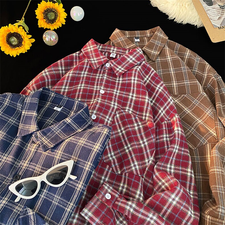 衬衣男秋季新款港风宽松大码磨毛格子长袖衬衫CS530-P38，男装衬衫，星座214-3