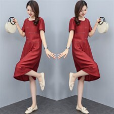 【现货】连衣裙夏中长款短袖宽松显瘦气质纯色连衣裙A型，女装连衣裙，妃曼
