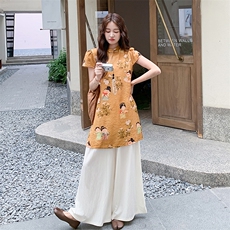 新中式复古印花改良旗袍套装女2025夏新款气质高级感阔腿裤两件套，女装套装/套裙，浙宝305