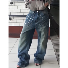 美式复古重工铆钉水洗牛仔秋冬高腰显瘦宽松阔腿拖地长裤，男装休闲裤，星座516A
