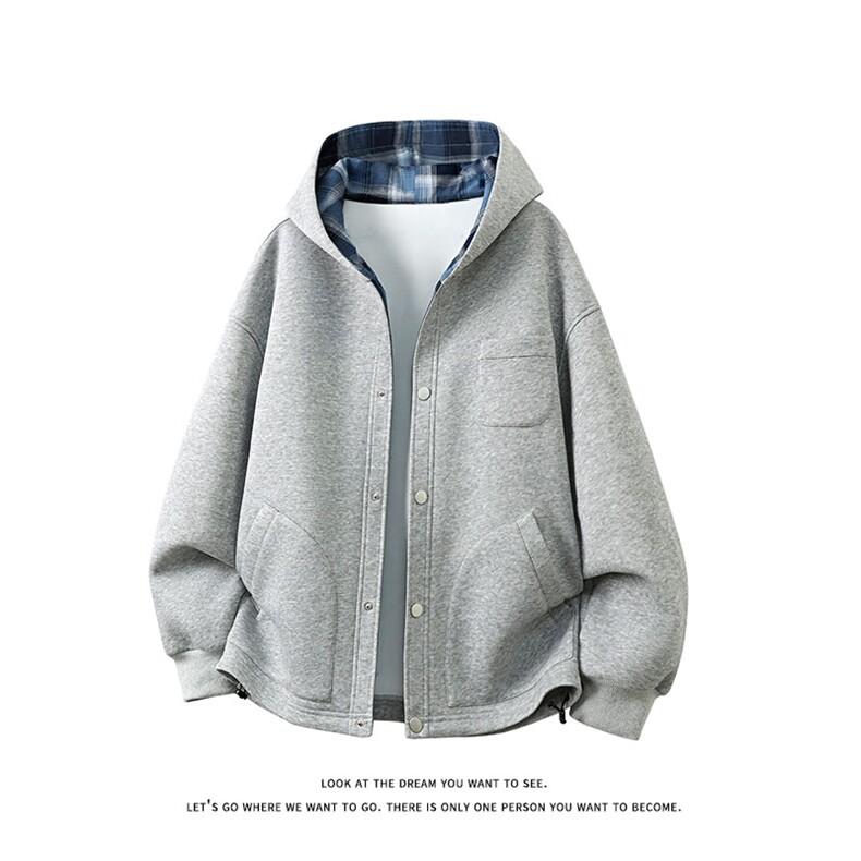 420克重磅日系纯色格纹开衫男女休闲连帽卫衣外套W4687-特价P65，男装卫衣，电商A007