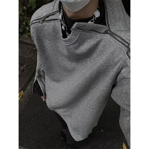 秋冬款重磅宽松纯色双拉链卫衣男女美式高街情侣装外套L67855-P45,日系穿搭玫红色图片