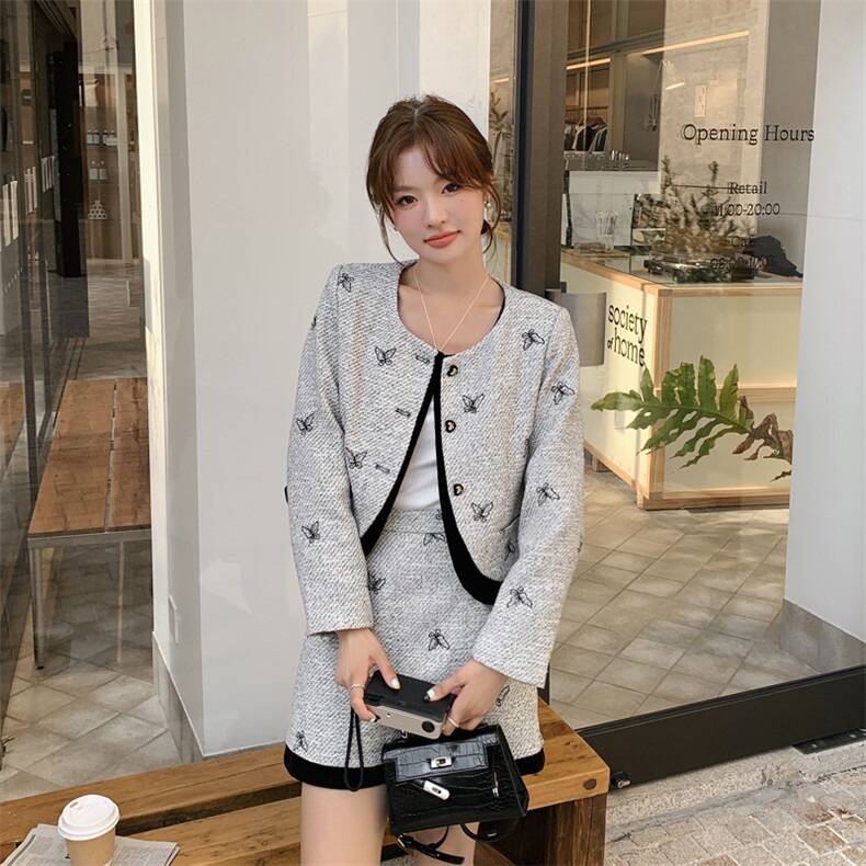 现货！刺绣小香风时尚套装女2024秋季新款女装两件套半身裙套裙子,女装套装/套裙,慧尚依恋