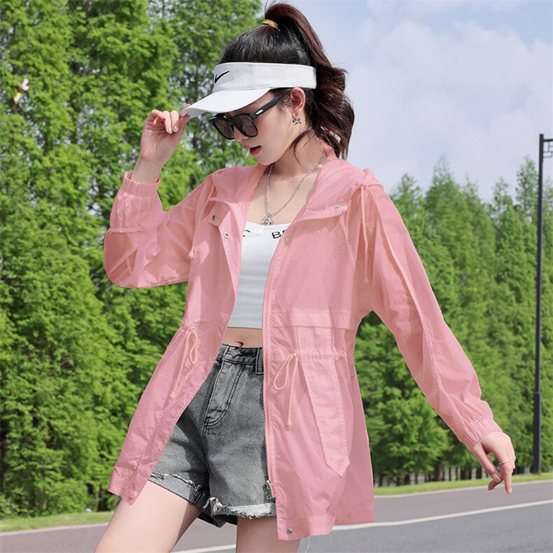 轻薄透气防晒衣女2024夏新款抽绳收腰中长款休闲户外防晒服薄外套,女装防晒衣,依万里