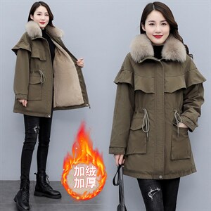 冬季修身长袖连帽百搭大真狐狸毛领加绒拉链收腰抽绳派克服女外套图片