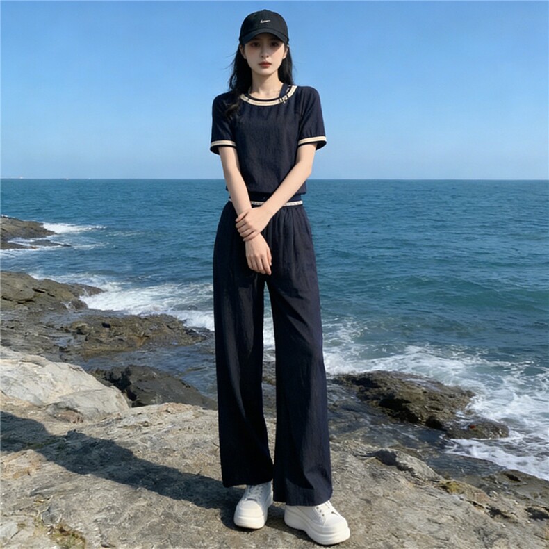 时尚潮流休闲套装女夏季新款高级感显瘦收腰拼接短袖阔腿裤两件套,女装套装/套裙,江南