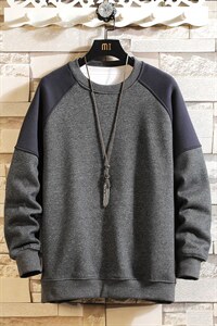 2021冬季新日系砖墙大码男宽松圆领拼接加绒加厚卫衣W653-P40图片