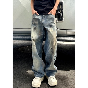 美式高街泼墨牛仔裤男秋冬潮牌痞帅炸街裤子做旧 NM716图片