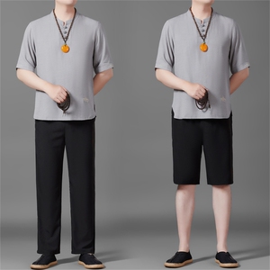 2025夏季亚麻绣花大码风男士透气长裤+短裤三件套MJ5105C-P125图片