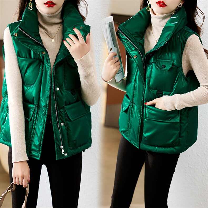 时尚新款绿色羽绒背心女短款显瘦保暖外套冬季潮流马甲，女装马甲，千千佰惠