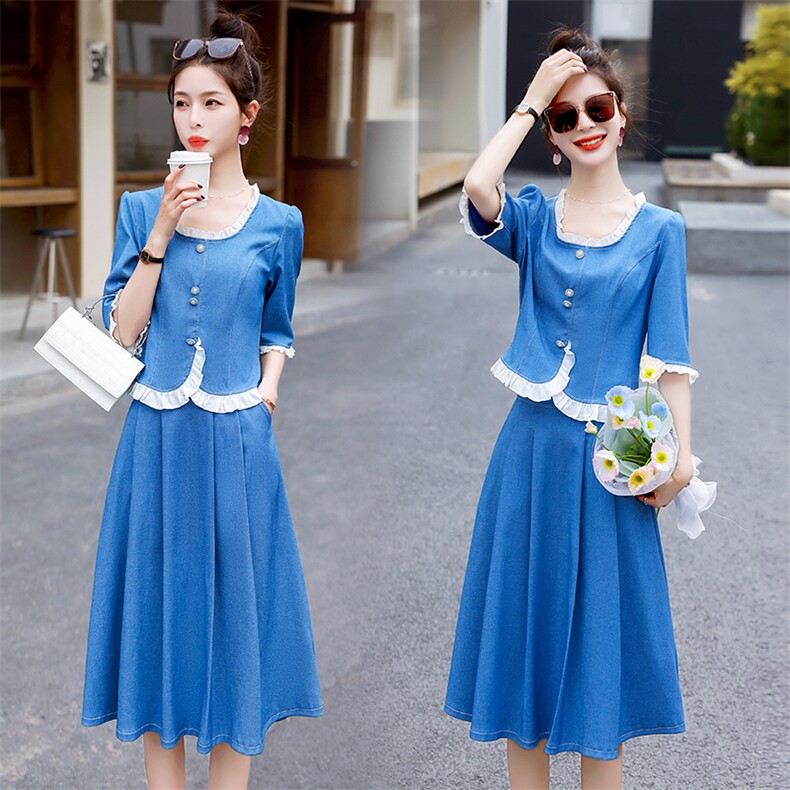 现货2023夏装新款韩版收身显瘦中袖大摆半身裙清新套裙两件套，女装套装/套裙，韩美纤衣