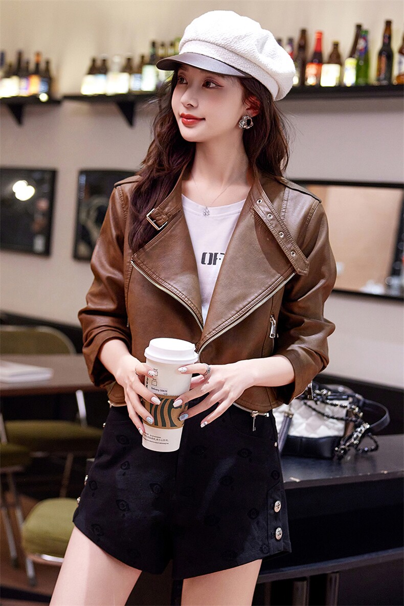 春装现货】美拉德网红风格皮衣小个子减龄外套2024年春季,女装皮衣,韩蜜菓