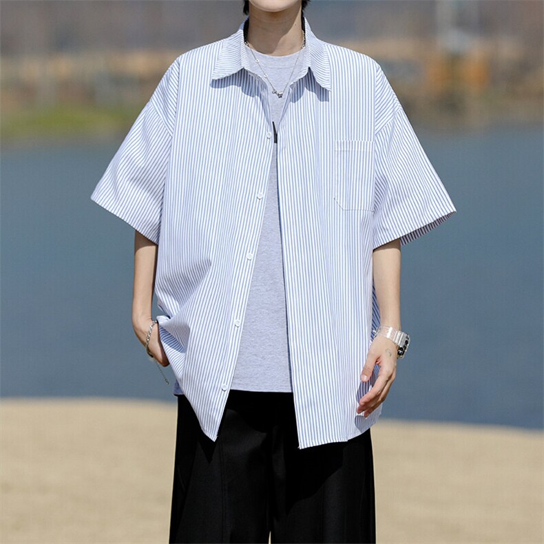 8XL-M 条纹短袖衬衫男夏季宽松慵懒风痞帅大码衬衣外套DC28001P40图片