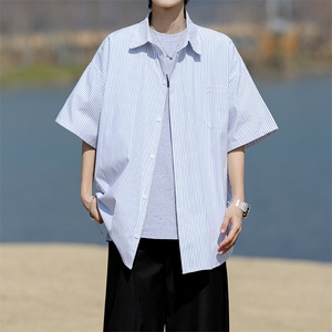 8XL-M 条纹短袖衬衫男夏季宽松慵懒风痞帅大码衬衣外套DC28001P40图片