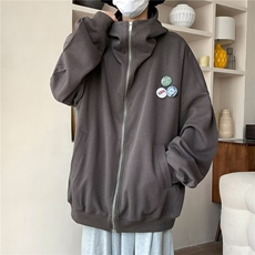 日系复古廓形徽章连帽卫衣男女生春秋季学院风基础款纯色休闲外套，男装卫衣，星座601-1