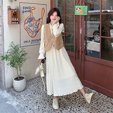 法式浪漫衬衫马甲套装裙女2025年秋季新款高级感甜美长裙两件套潮，女装连衣裙，2C031