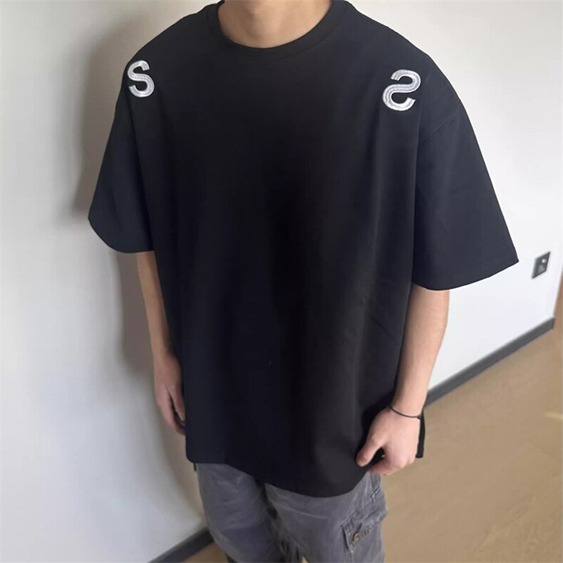 万针全刺绣工艺抖音得物高品质260克重磅纯棉双纱美式高街短袖T恤,男装T恤,电商A486-1