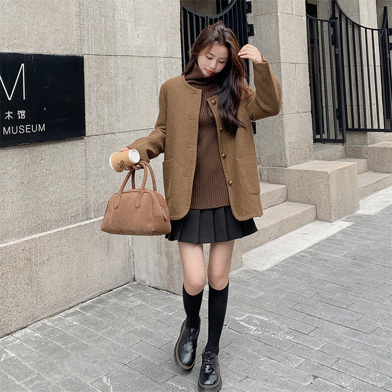 时尚百搭秋冬新款毛呢外套女显瘦气质短款大衣优雅复古风,女装短外套,秋水欣儿