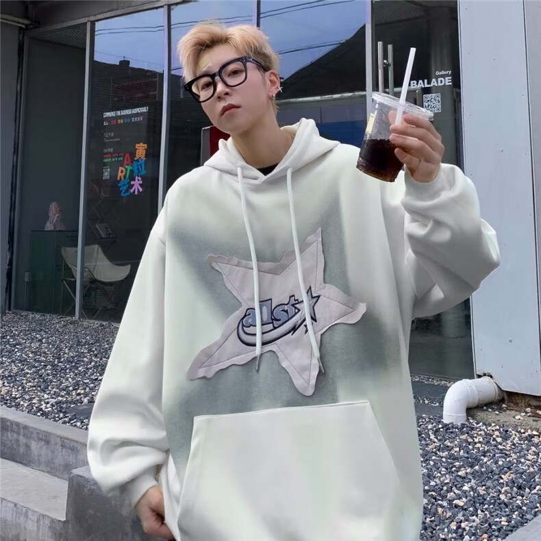星星刺绣贴布连帽卫衣男女秋冬季潮牌宽松美式高街外套W8532-P55,男装卫衣,星座1008