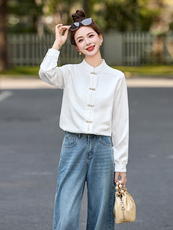 春季新款新中式气质立领钉珠单排扣长袖衬衫女，女装衬衫，秀美人生