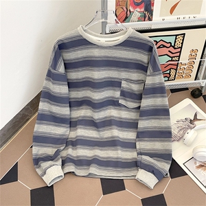 港风日系复古贴袋横条纹纯棉套头圆领卫衣男潮流设计感 ZW417-P48图片