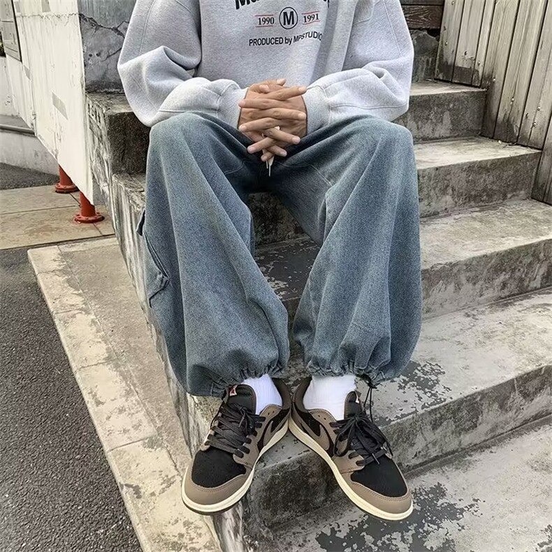 复古宽松工装牛仔裤男女新款潮牌阔腿休闲坠感水洗老爹裤5090-P48,男装牛仔裤,星座1008-1