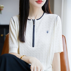 2025夏季新款精纺羊毛绞花半拉链短袖女，女装T恤，尚雪电商供货
