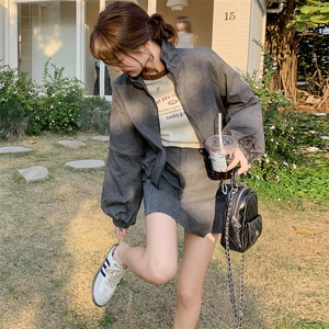 美式休闲运动工装立领外套装女2025春秋季新款时尚显瘦短裙两件套图片