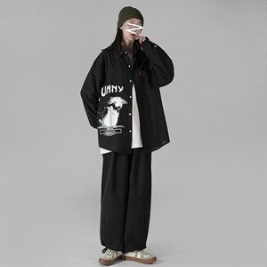 2021秋季新中性风蒙马特港风猫咪印花大码休闲男衬衫C519-P45图片