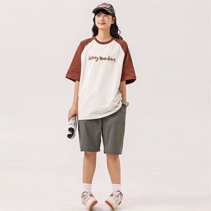 2024夏季新款男装日系潮牌纯棉拼接圆领宽松短袖休闲T恤T882-F44图片