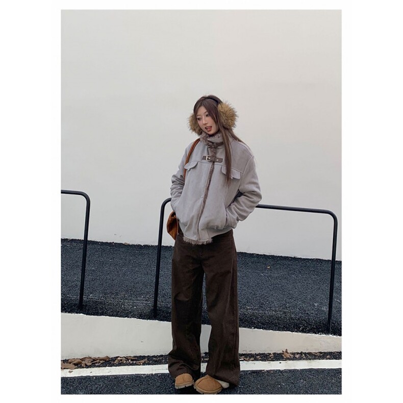 美式复古毛毛拼接立领机车夹克棉服男女冬季加绒加厚短棉衣外套潮图片