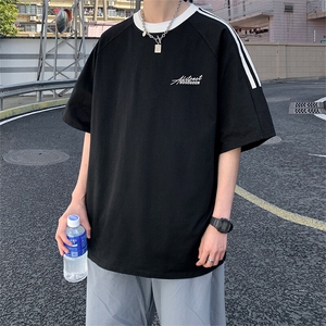 夏季美式高街重磅纯棉三条杠织带撞色男女短袖T恤ZD626-特P30图片