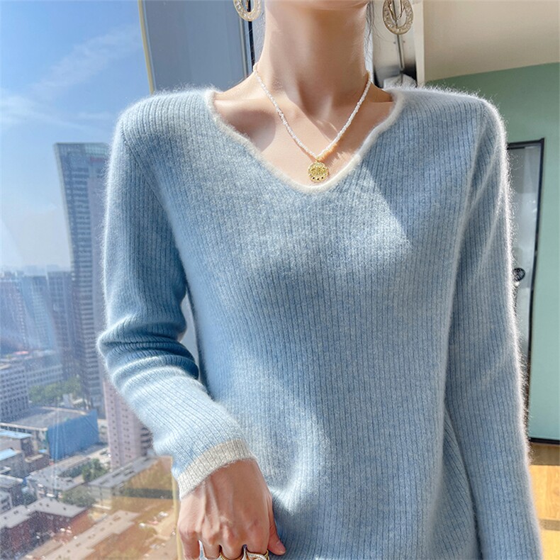 秋冬新款V领撞色100%纯羊毛衫长袖毛衣女抽条宽松羊绒针织打底衫,女装羊毛衫,宇灿羊绒