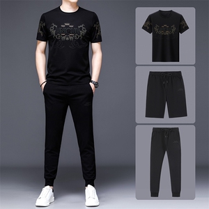 中老年新款男士商务休闲服三件套2023夏季男装短袖套装时尚百搭图片