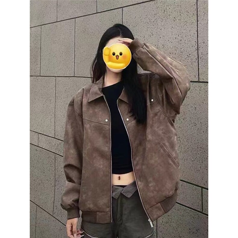 春秋新款美式复古做旧棕色麂皮衣夹克男女潮牌短外套情侣机车服,男装皮衣,星座1210-1