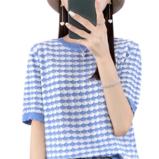 24新款拼色冰丝针织衫短袖薄款女士夏季韩版t恤圆领冰麻打底上衣，女装T恤，秋虹羊绒
