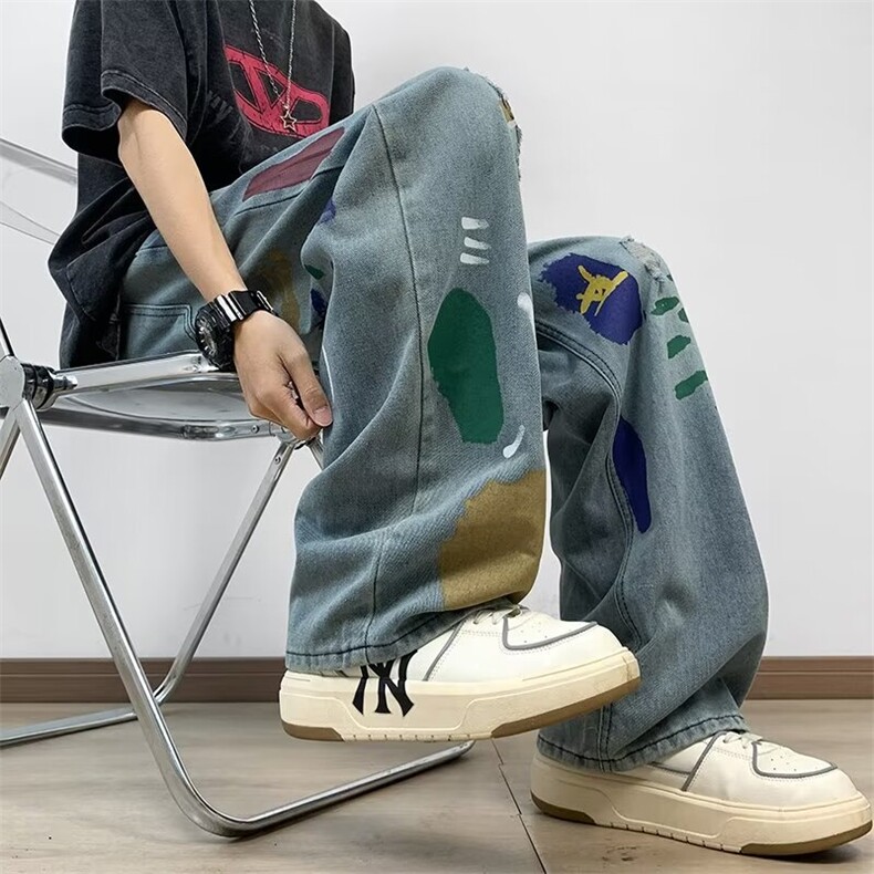 复古炫酷彩绘破洞牛仔裤男春季宽松长裤直筒阔腿裤子N6054，男装牛仔裤，星座1116A-1（原606A）