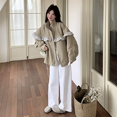 卡其色韩系气质蕾丝花边立领外套女秋高级感穿搭小个子减龄夹克，女装短外套，2C050