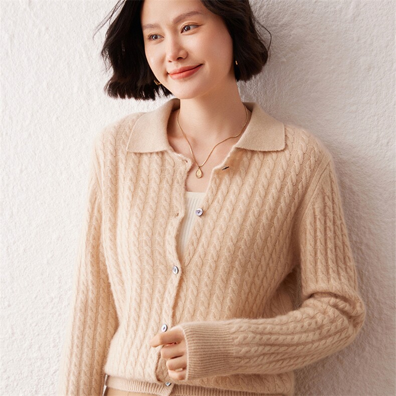 2025春秋新款羊绒衫女100纯山羊绒翻领长袖针织开衫毛衣休闲上衣,女装羊绒衫,雪真羊绒高端店