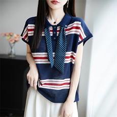 设计感Polo领纽扣丝巾条纹T恤女2025夏季款减龄百搭打底飞袖上衣，女装T恤，菲奥羊绒