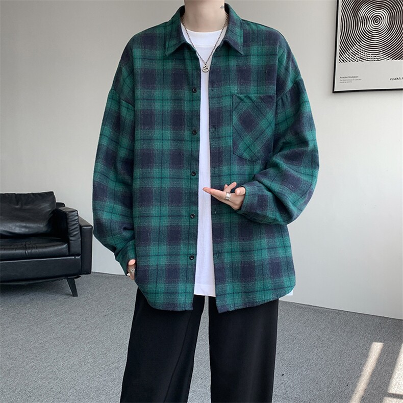 衬衫男春季新款港风宽松大码磨毛格子长袖衬衣CS6638-特P29,男装衬衫,星座214-3