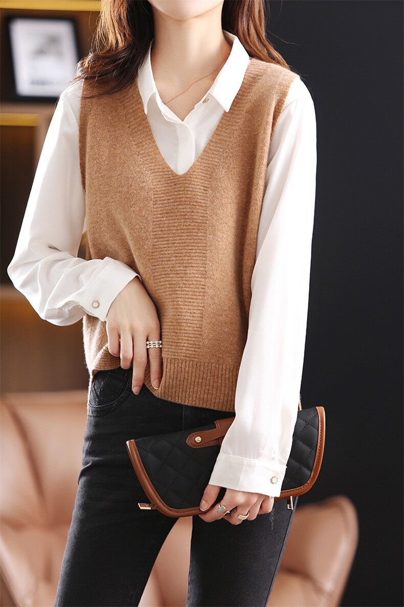 100羊毛V领马甲背心女韩版无袖毛衣针织衫宽松外搭短款坎肩，女装马甲，蒙莲贝斯