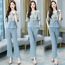 洋气减龄短袖雪纺套装女夏装2025新款时尚微喇叭阔腿裤套装两件套，女装套装/套裙，妙形