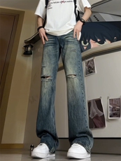特批P52无差价2024美式高街做旧破洞黄泥直筒微喇男女牛仔裤K014，男装牛仔裤，星座1013-6