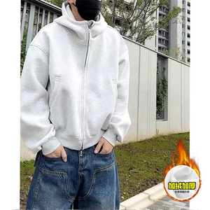 480G重磅加绒硬挺boxy 男女秋冬美式高街防风高领卫衣开衫厚外套图片