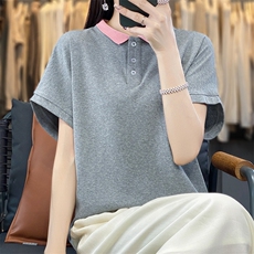 100%纯棉短袖t恤女24夏季新款娃娃领薄款条纹设计感短款半袖上衣，女装T恤，臻维羊绒