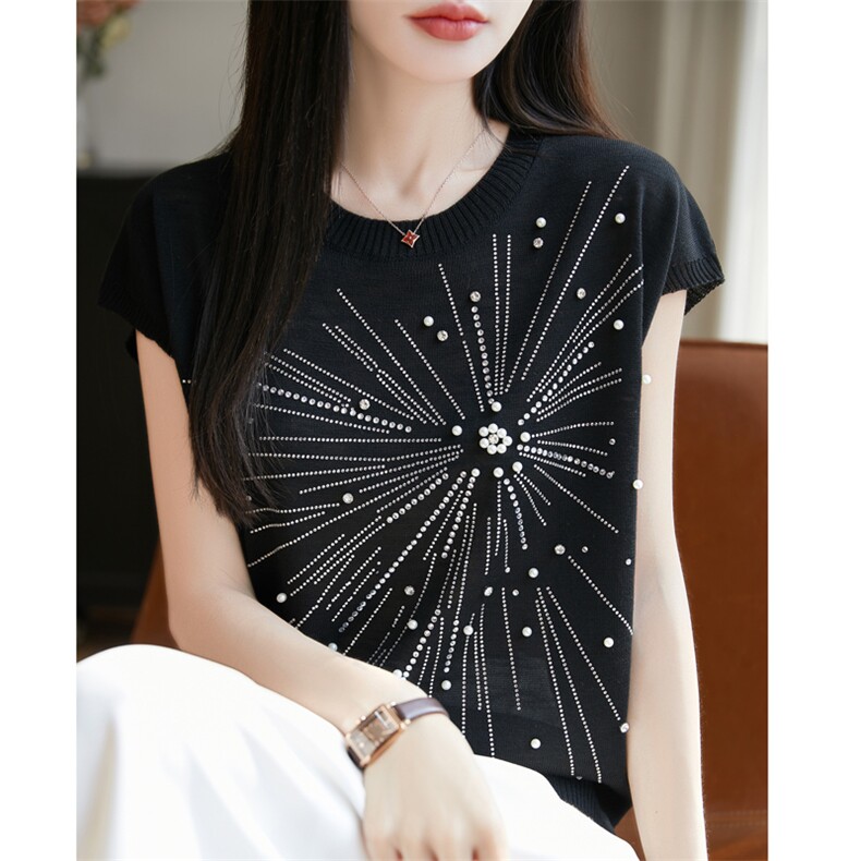 重工钉珠烫钻圆领针织短袖T恤女2025新款设计感小众无袖背心上衣,女装T恤,大美人高端店