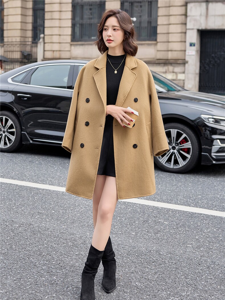 爆现货《2025秋冬新款双排扣双面呢大衣，高级感修身显瘦，,女装双面呢大衣,欧米莱