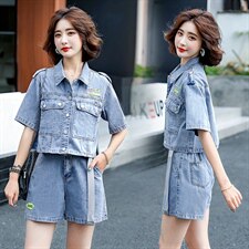 新款时尚潮流个性气质翻领休闲舒适牛仔短裤两件套夏季，女装套装/套裙，魅影